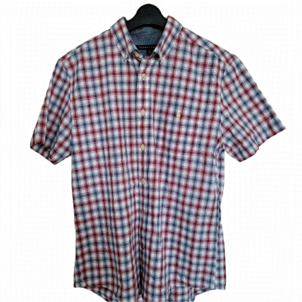Tommy Hilfiger Wine red, Gray & White Plaid Button up Shirt  Short Sleeve Shirt